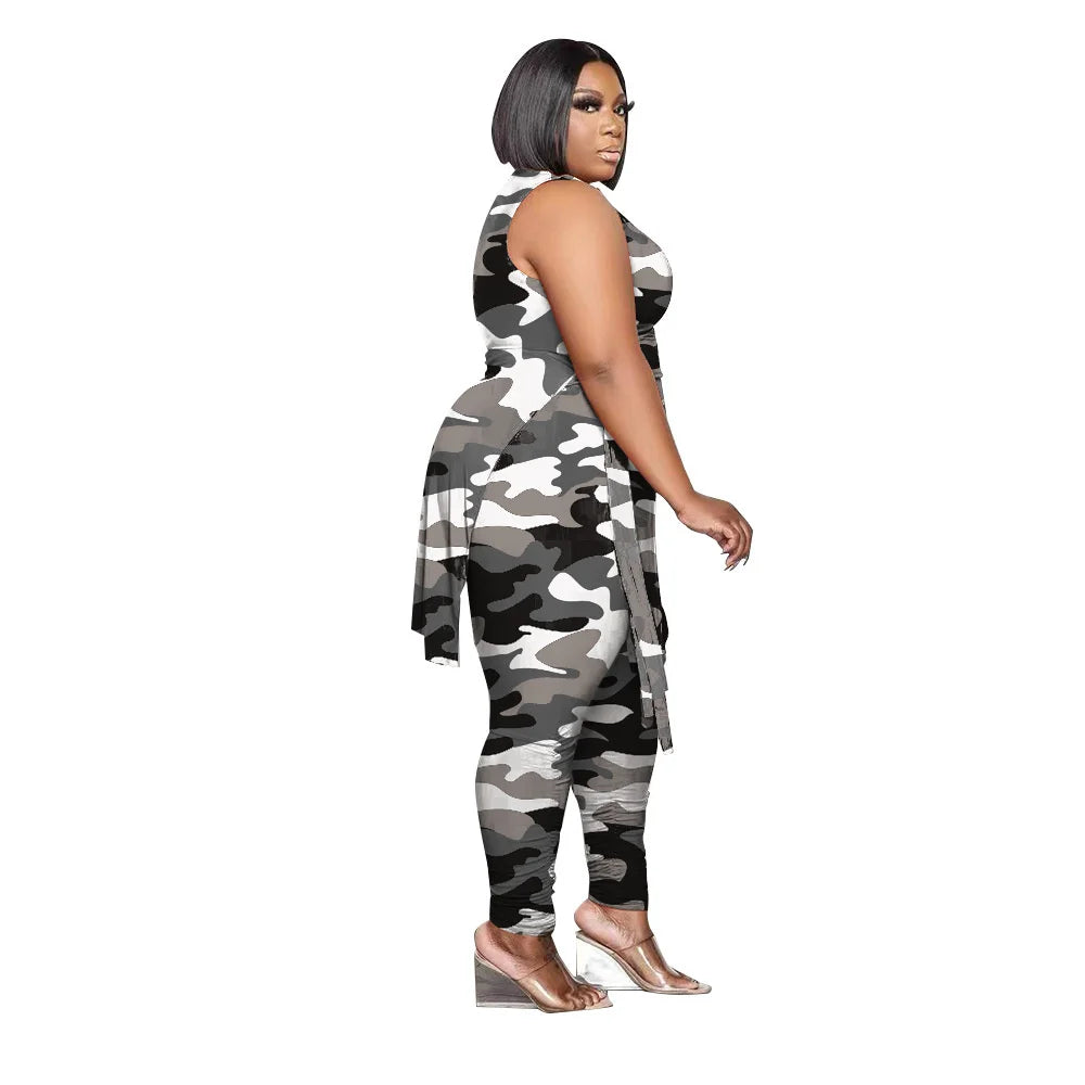 Camouflage Plus Size Women Clothing Two Piece Outfits Sleeveless Round Neck Bandage Crop Tops Pants Sets