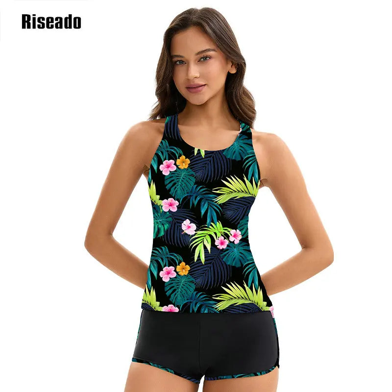 Women's Tankini Swimsuits Tummy Control Ruched Two Piece Bathing Suit Round Neck Sleeveless Swimwear with Shorts