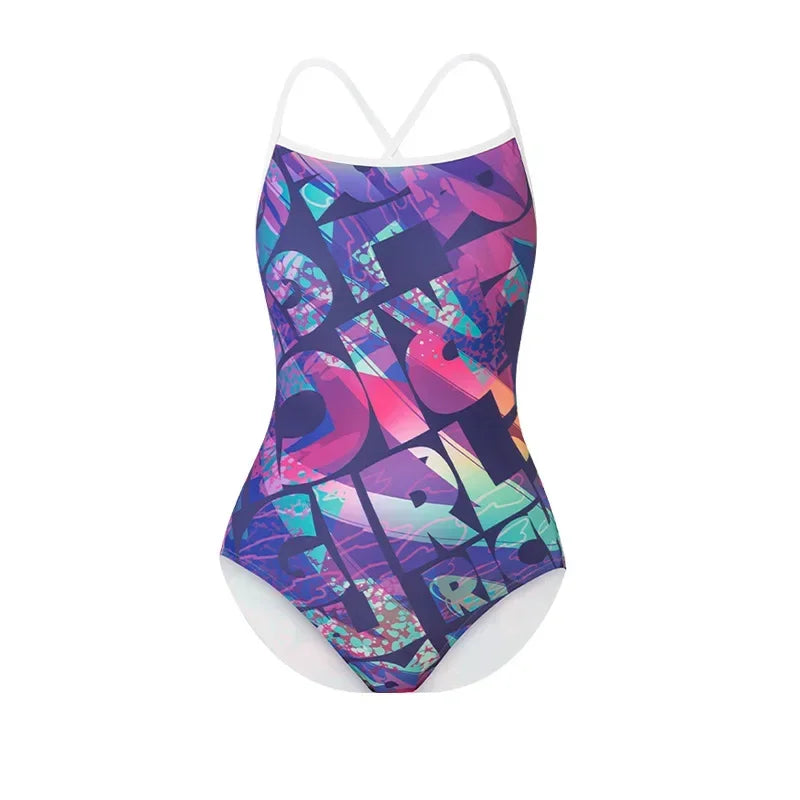 Women Vintage Racing One-piece Swimwear Sun Protection Professional Competition Flower Printed Swimsuit Training Bikini