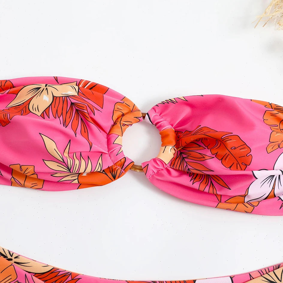 Floral Bikinis Bandeau Swimsuit for Woman Female Swimwear Women Thong Bikini Set Summer Swim Beach Wear Bathing Suits