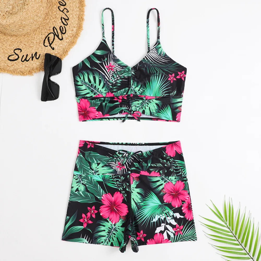 High Waist Bikini Swimsuit Women Floral Print Swim Suits Drawstring Front Shorts Boxers Swimwear Trunks Pool Bathing Suit