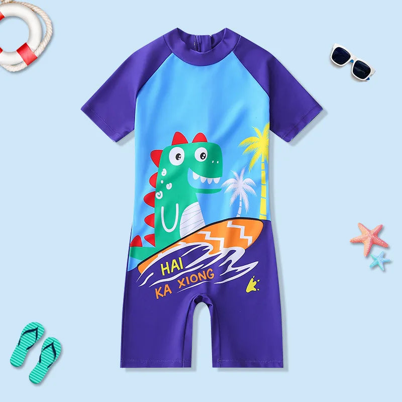 Children's Short-Sleeved Cartoon Swimwear, Beach Sunscreen Swimsuits, Baby Boys and Girls, One-Piece