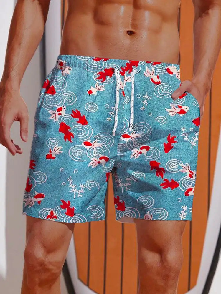 Summer 3D Printed Hawaiian Vacation Style Printing Shorts Men's Board Shorts Casual Swim Trunks Drawstring Breathable Short