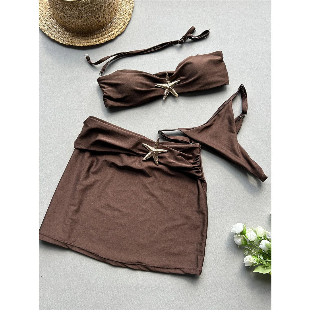 With Skirt Metal Star High Leg Cut Bikini Women Swimwear Female Swimsuit Three-pieces Bikini set Bather Bathing Suit Swim