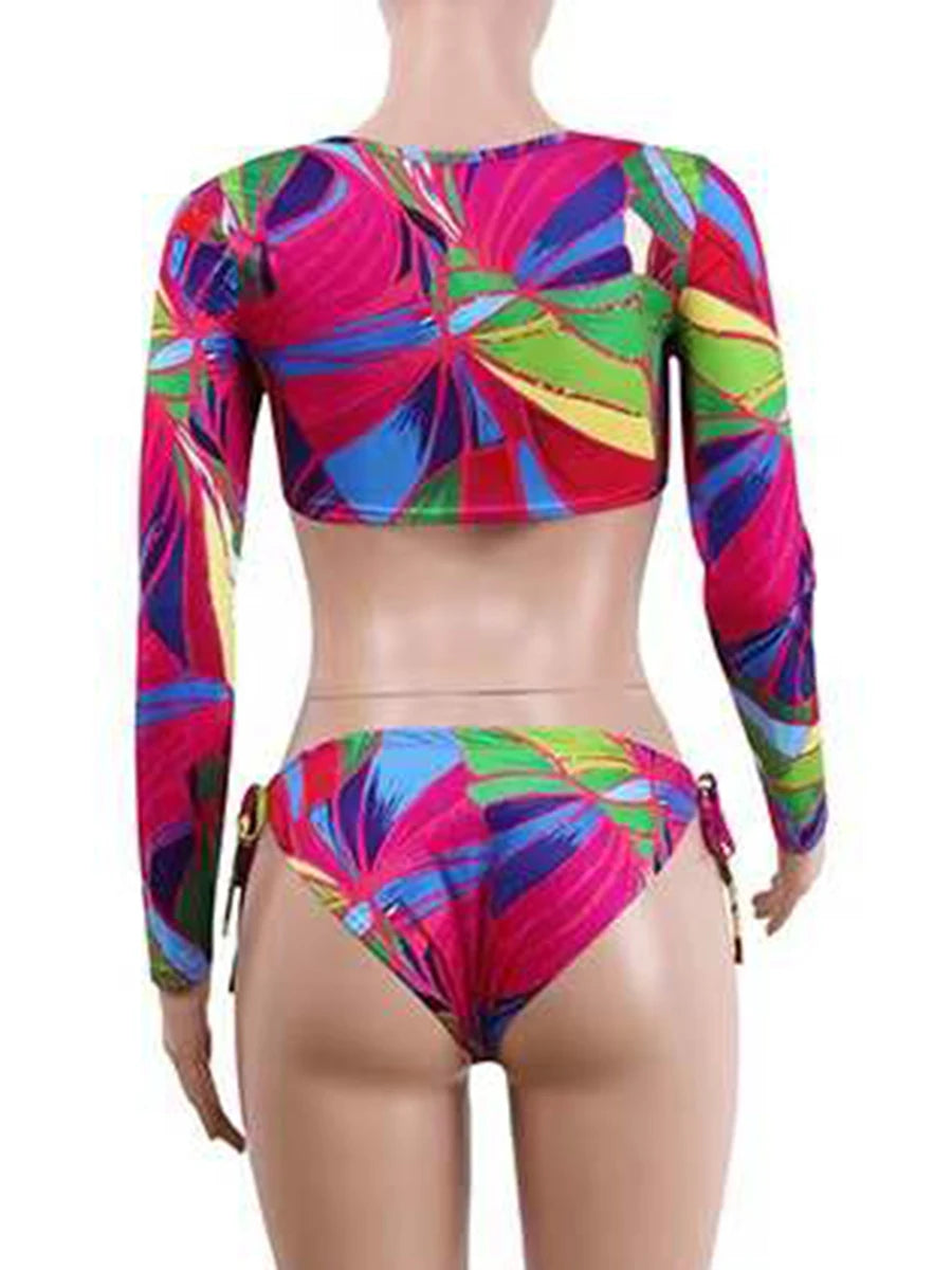Surf Swimsuit Long Sleeve Printed Swimwear Women String Two Piece Rashguard Diving Clothes Bathing Swimming Suit