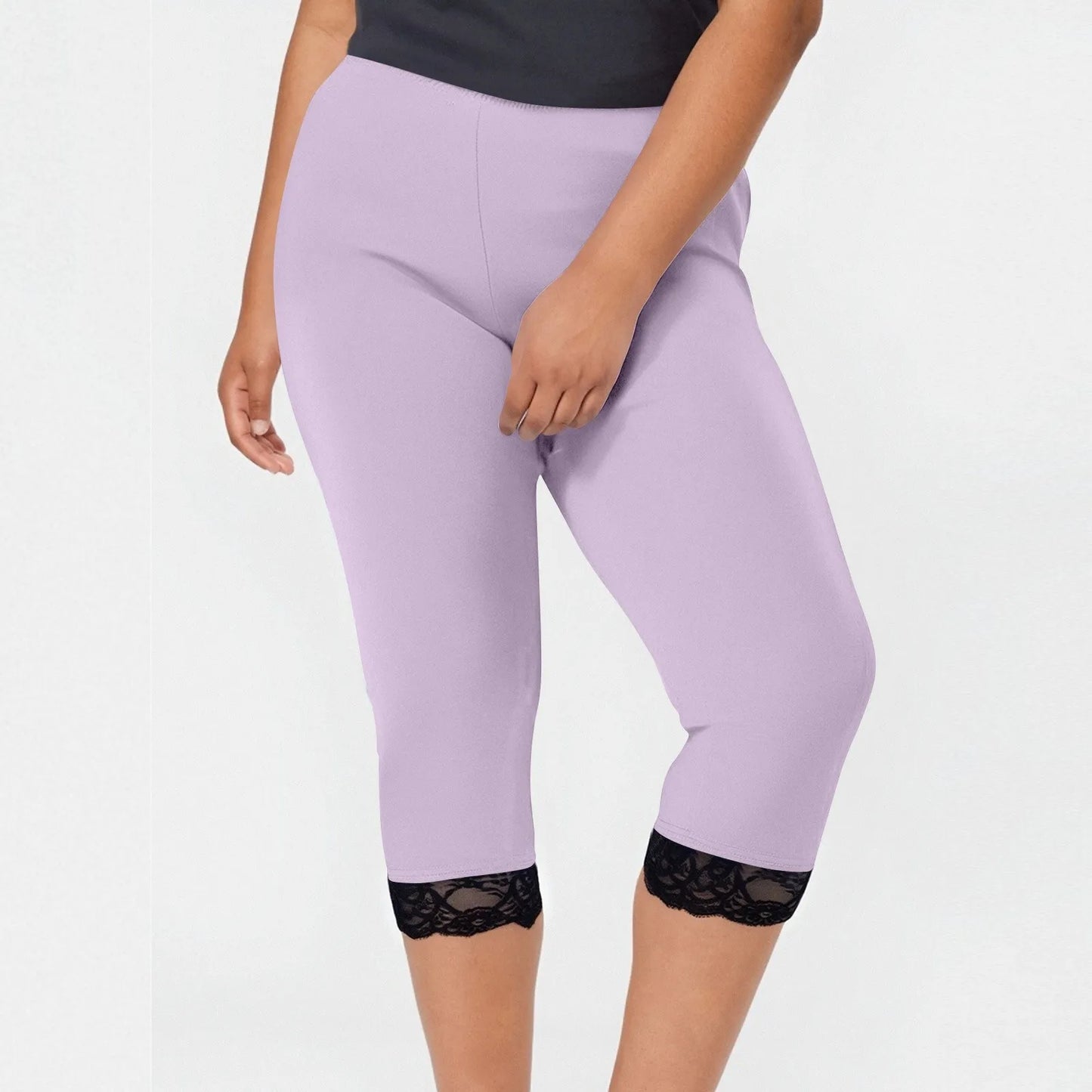 Plus size yoga pants women's fashion large solid color lace splicing bottom pants with elastic waist sports cropped pants