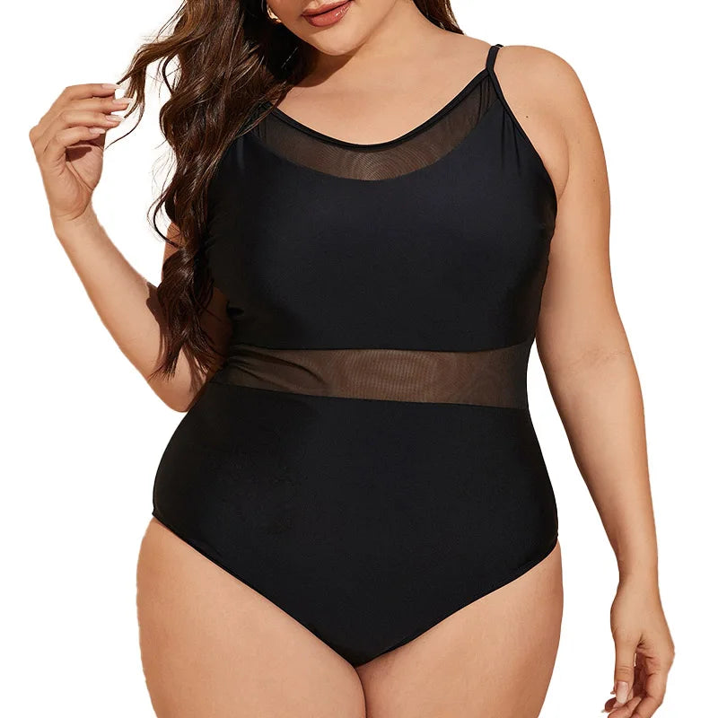 Mesh Black Swimsuit One Piece Large Plus Size Swimwear Women One-piece Suits Beachwear Bathing Swimming Suit Female 4XL