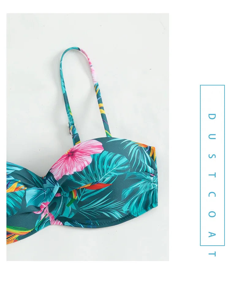 Cikini-Women's Tropical Print Push Up Bikinis Set, Swimsuit with Beach Skirt, Swimwear, Summer Bathing Suit