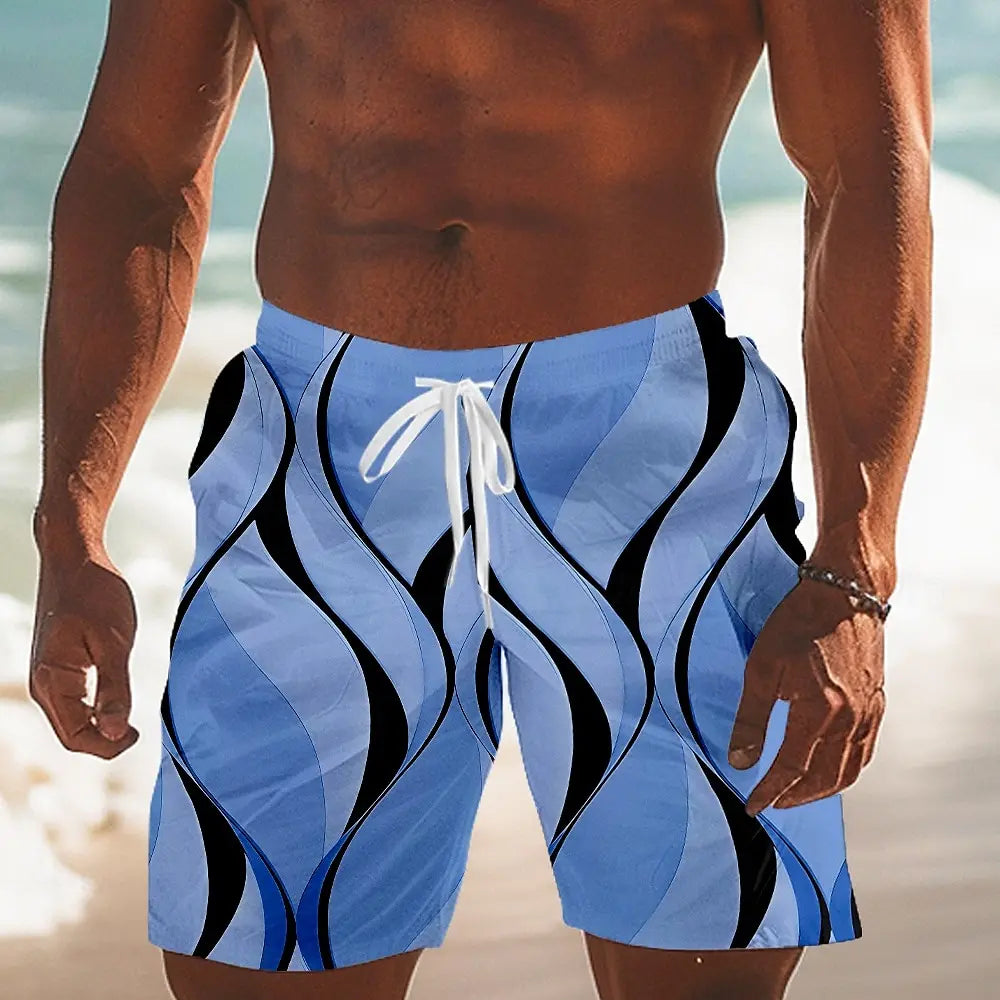 Men's Hawaiian swimming trunks 3D simple line printing shorts quick-drying outdoor leisure sports shorts fashionable men's short