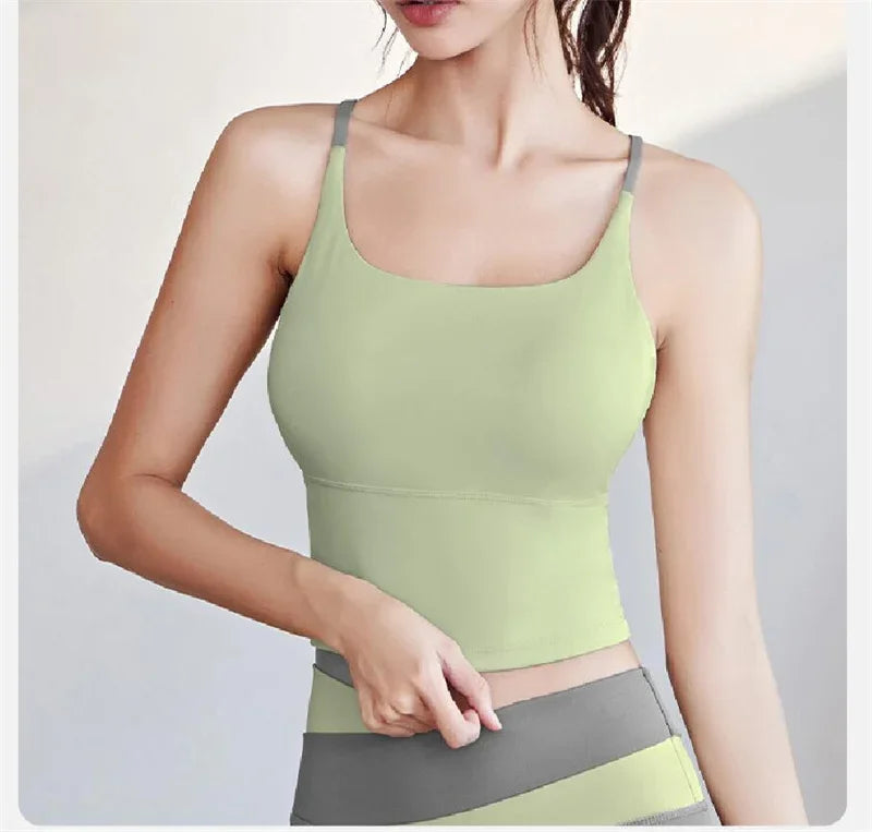 PofyBofy Build-in Bra Yoga Crop Top Sleeve Gym Tank Top Women Workout Bra Tanks Fitness Bra Tanks Yoga Crop Tops Crisscross Back