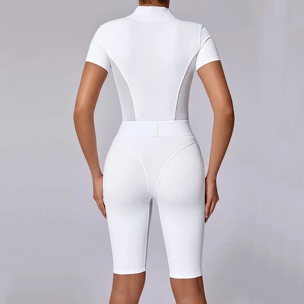 Nylon Yoga Jumpsuits Sports Fitness Hip-lifting Tights Short Sleeve Zipper Yoga Workout Gym Leggings Sportswear for Women