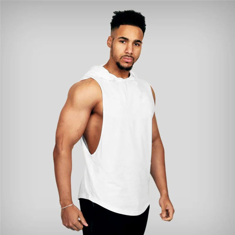 With Hat Gym T-shirt Man Sleeveless Sweatshirt Gym Clothing Men Bodybuilding Clothes Men's Singlet Fitness Vest Singlets Tops