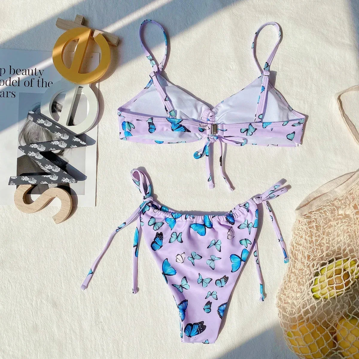 Bikini Women Drawstring Rainbow Butterfly Print Swimwear Swimsuit Female Bikinis Set Bathing Suit