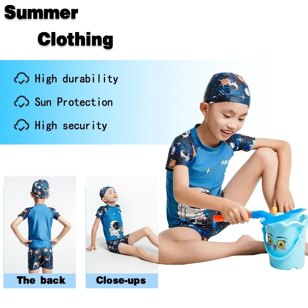 Children's Swimsuit Cartoon Pattern Children's Swimwear Boys Split Design Suitable Swimming Suit Beachwear with Hat