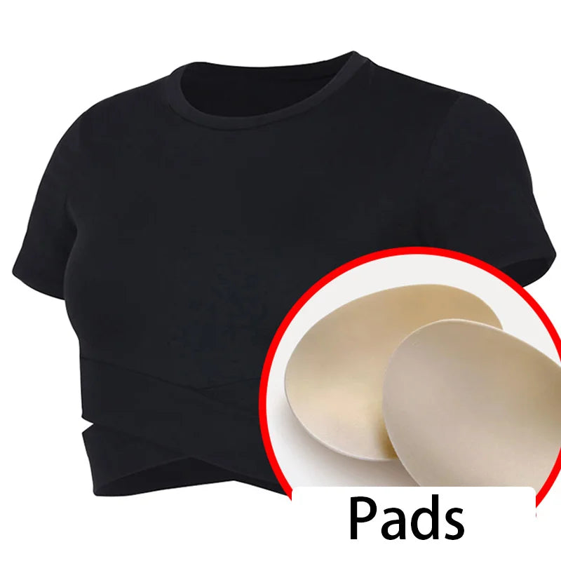Aiithuug Waist Yoga Short Sleeve Crisscross Waist Breathable Gym Shirts Sports Tops Workout Fitness Crop Top Yoga Top