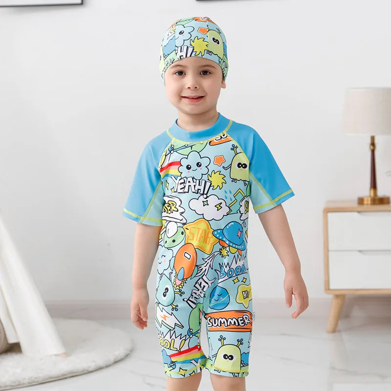Cute Cartoon Children's Swimsuit Boys Quick-drying Surf Suit Baby Boys and Girls' Sunscreen One-piece Swimsuit Short Sleeve