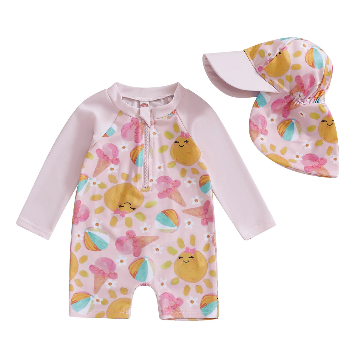 Kids Baby Girls Swimwear Bathing Suit Princess Rash Guard Infant Swimsuit Ice Cream Print Long Sleeve Swimwear + Hat