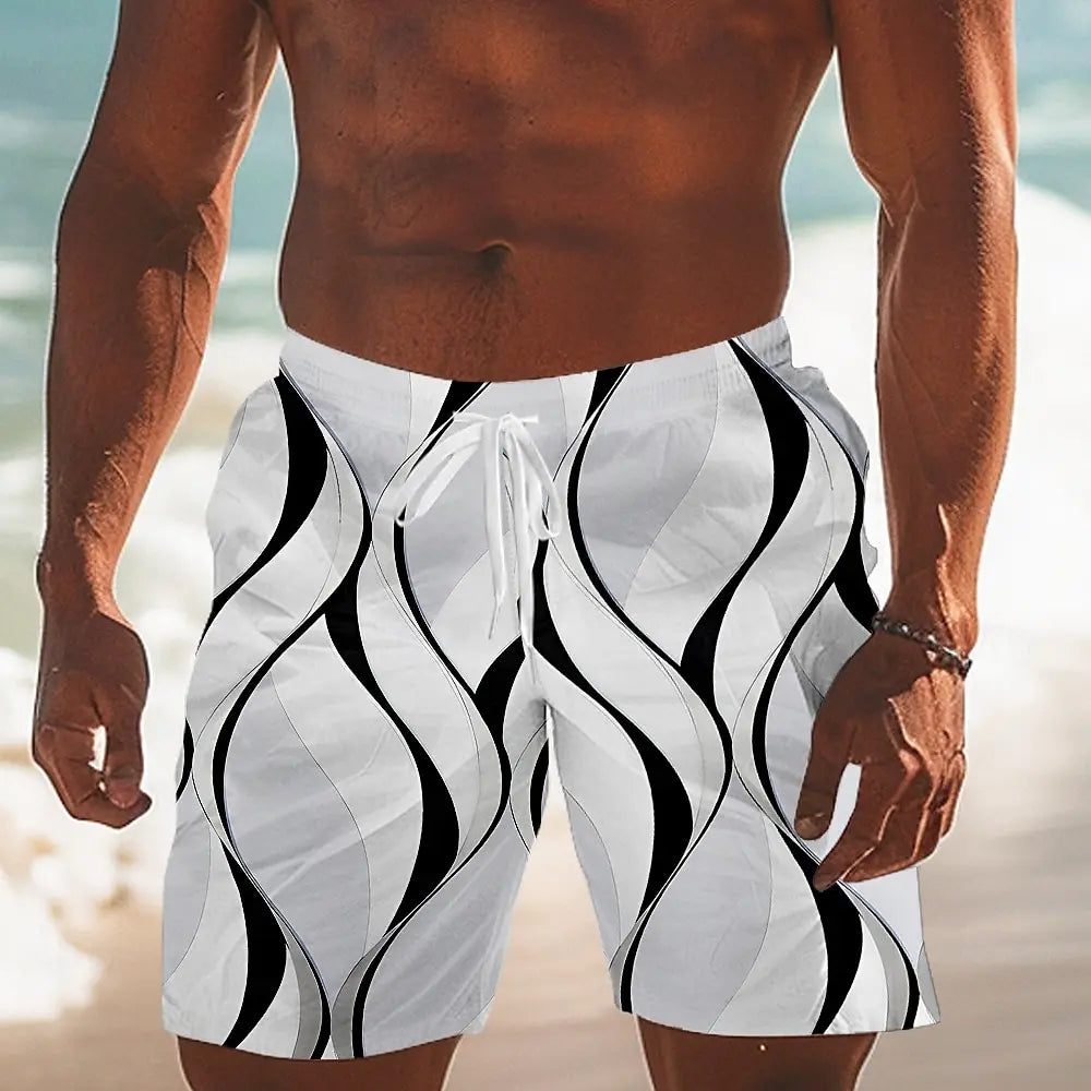 Men's Hawaiian swimming trunks 3D simple line printing shorts quick-drying outdoor leisure sports shorts fashionable men's short