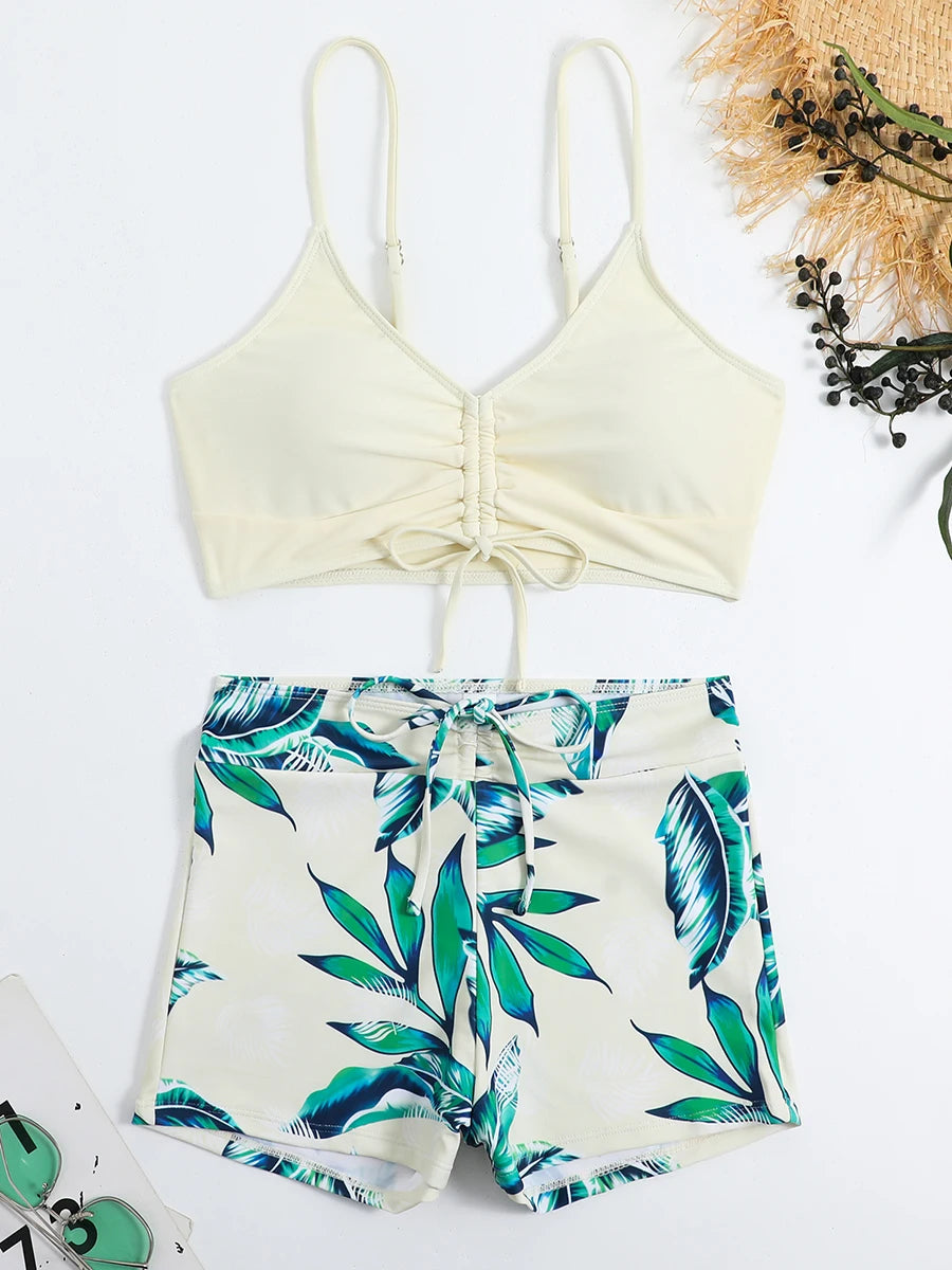 Drawstring Front Shorts Bikinis High Waist Swimsuit Women Swimwear Female Bathers Bathing Swimming Swim Suit Beachwear