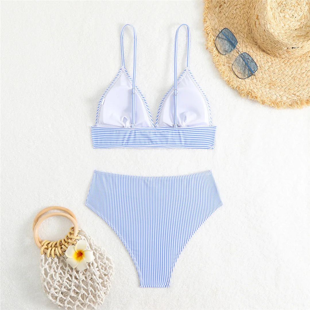 4 Colors V Neck Striped Female Swimsuit High Waist Bikini Women Swimwear Two-pieces Bikini set Bather Bathing Suit Swim