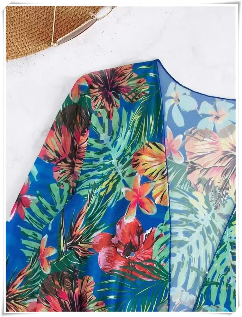 3 Piece Bikini Set Women Cover Up Swimwear Female Tropical Printed Swimsuit Push Up Beachwear Long Sleeve Bathing Suit