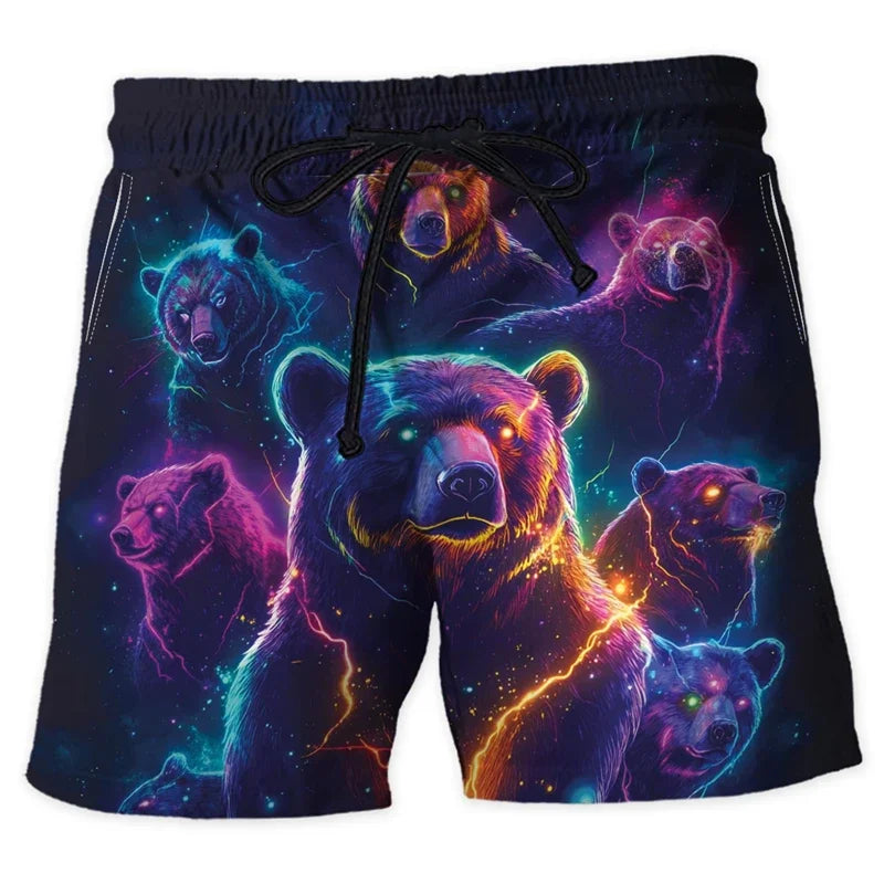 Neon Animal Graphic Beach Shorts, Men's Fashionable Summer Streetwear, 3D Printed Shorts, Cool Oversized Swimming Trunks