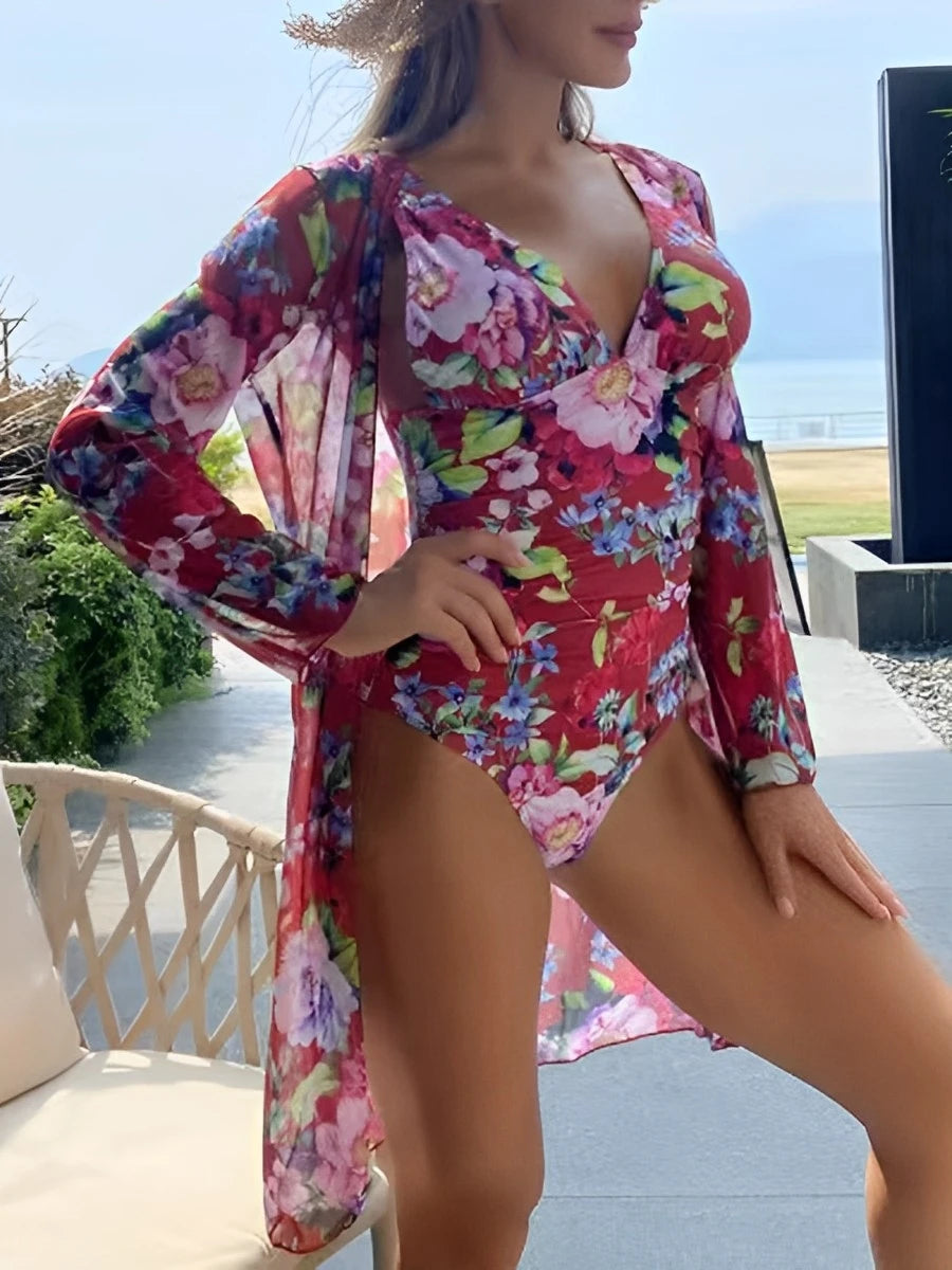 Printed Swimsuit Women One Piece With Cover Up Floral Swimwear Female Beach Wear Push Up Bathing Swimming Swim Suit Summer