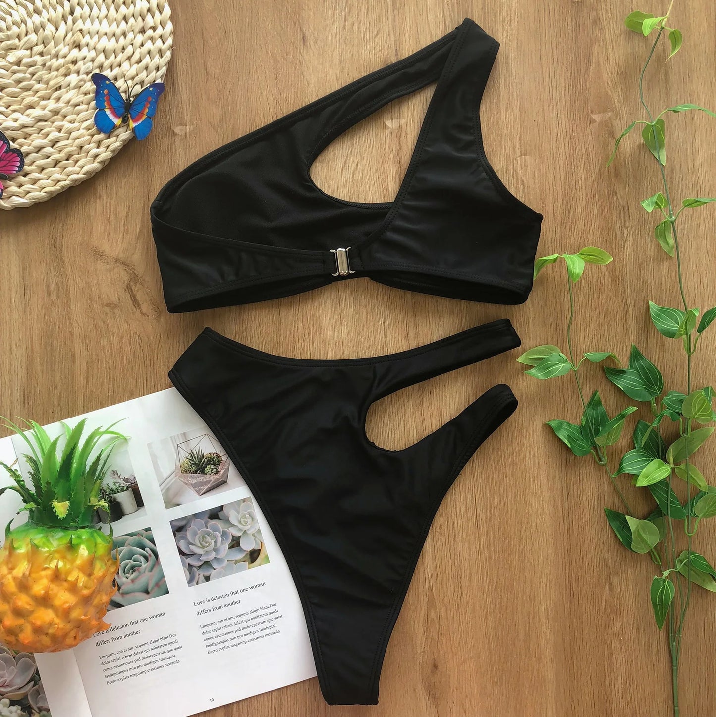 Solid color swimsuit irregular diagonal shoulder bikini Swimwear Beach Bathing Suits
