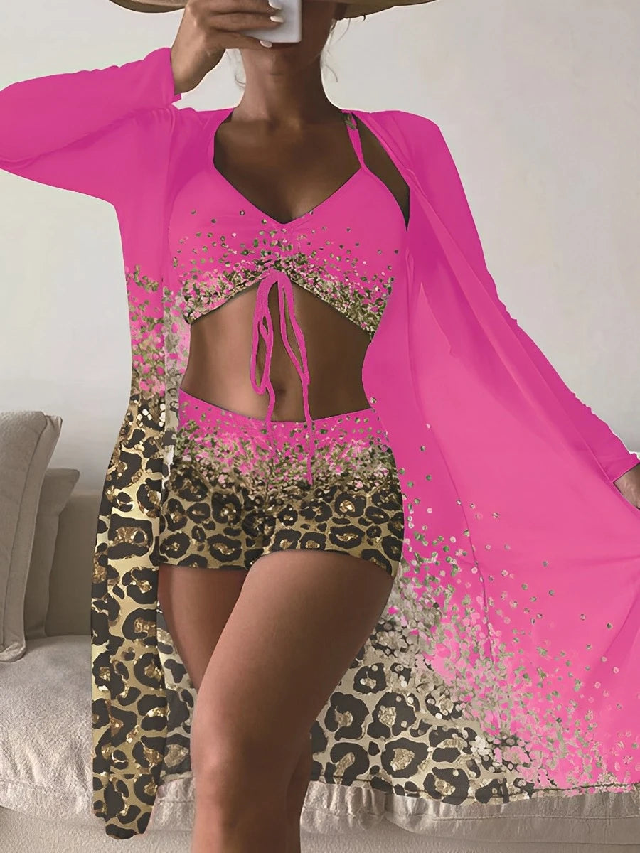 3 Pieces High Waist Bikini Printed Swimsuit Women & Kimono Swimwear Female Bather Bathing Swimming Swim Suit Beachwear
