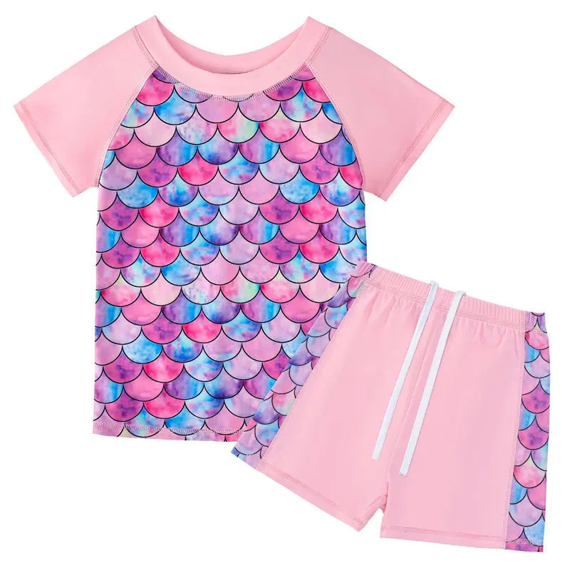 Children Fish Scale 3D Printing Split Bathing Suit Mermaid Swimsuits 4-12Years Kids Short Sleeves T-shirt+ Shorts Two-piece Suit