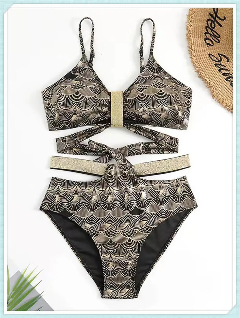 Metallic Stitch Strap Bikini Women Push Up Gold print Swimsuit Female High Waist Swimwear Bathers Bathing Suit Beachwear