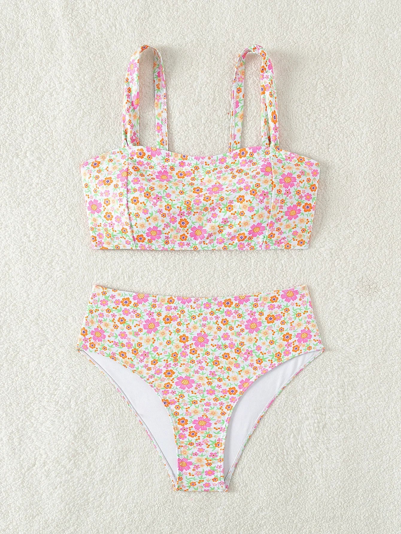 Floral Print 2 Piece Swimsuit for Women High Waist Bandeau Bikini Set Suspender Backless Beach Vacation Swimwear Bathers