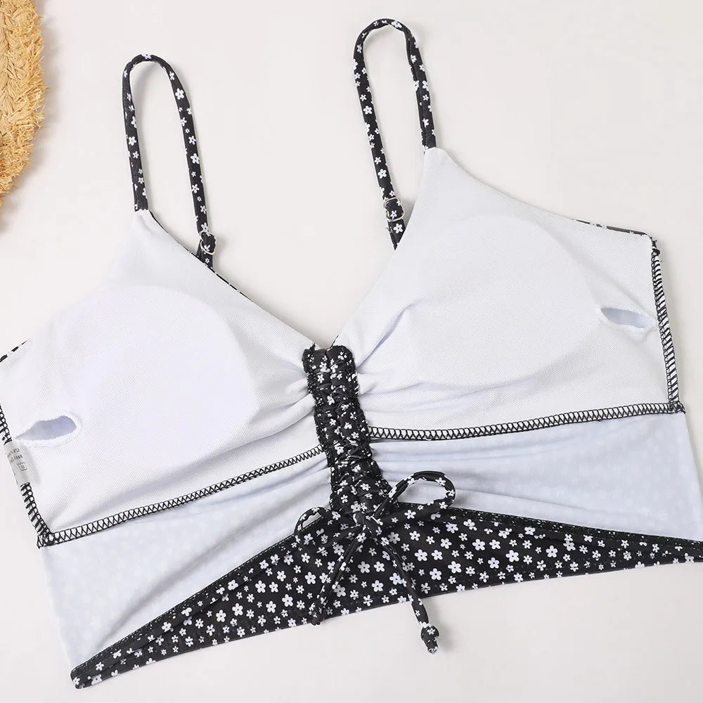 High Waist Bikini Swimsuit Women Floral Print Swim Suits Drawstring Front Shorts Boxers Swimwear Trunks Pool Bathing Suit