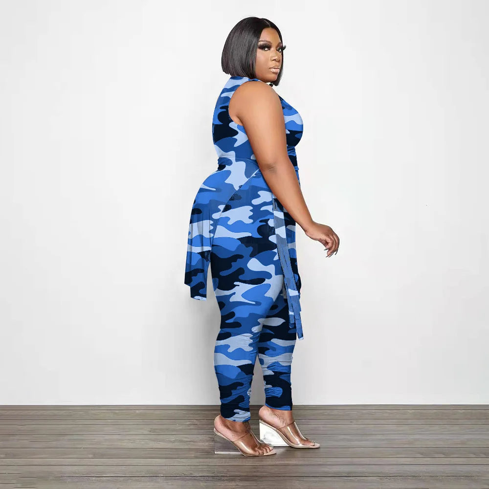 Camouflage Plus Size Women Clothing Two Piece Outfits Sleeveless Round Neck Bandage Crop Tops Pants Sets