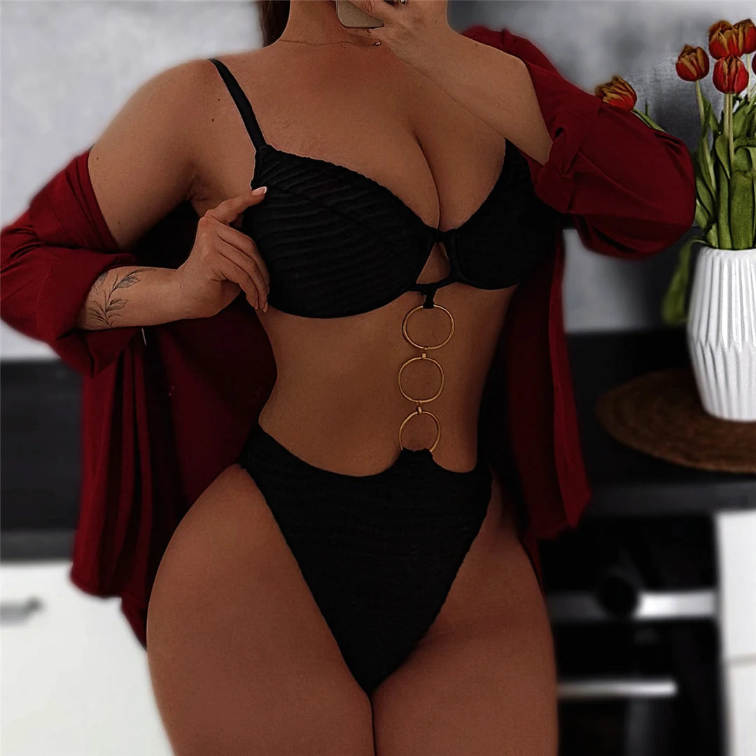 Metal Rings Wrinkled Underwired One Piece Swimsuit Women Swimwear Female Monokini High Cut Leg Bather Bathing Suit Swim