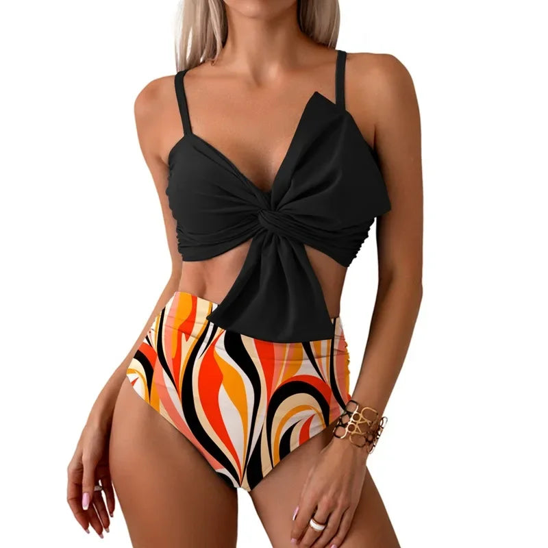 Women Flower Printed Separated Bikini Set Fashion Bow Tie Style High Waist Swimwear Shorts Beach Wear