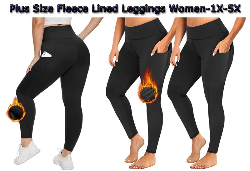 Plus Size Fleece Lined Leggings with Pockets for Women High Waist Winter Tummy Control Thermal Warm Yoga Pants
