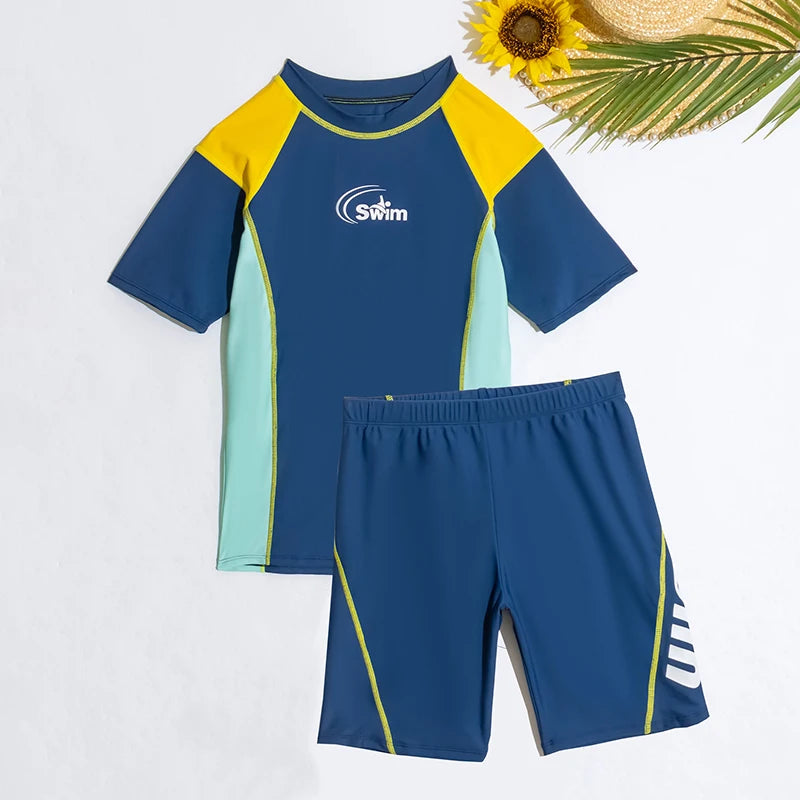 Boy Swimwear Short Shirt Two Piece Short Sleeve Solid Patchwork Teenager Children Kids Swimming Beach Wear 2024 9-16 years