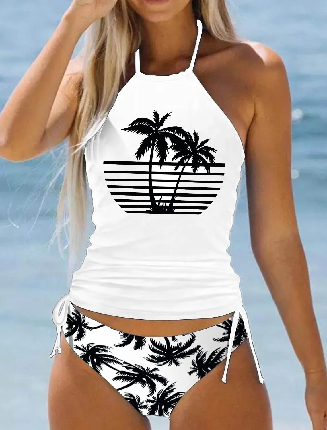 Summer Fashion Casual Vacation Swimsuit Women's Seaside Sunset Dusk Printed Bikini Two Piece Set S-6XL