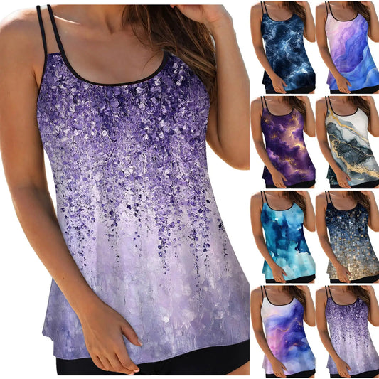 Women's Abstract Prints Tankini Swimwear Double Spaghetti Strap Cover Tummy Crew Neck Tops Shorts Conservative Bathing Suits