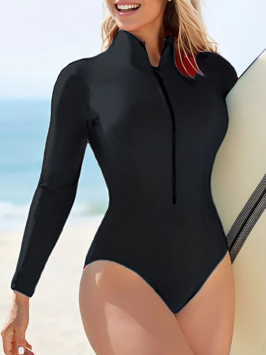 Red Slim Rush Guard Long Sleeve Surfing Swimsuit Women With Zipper Solid Swimwear Female Bathers Bathing Swimming Swim Suit XXL