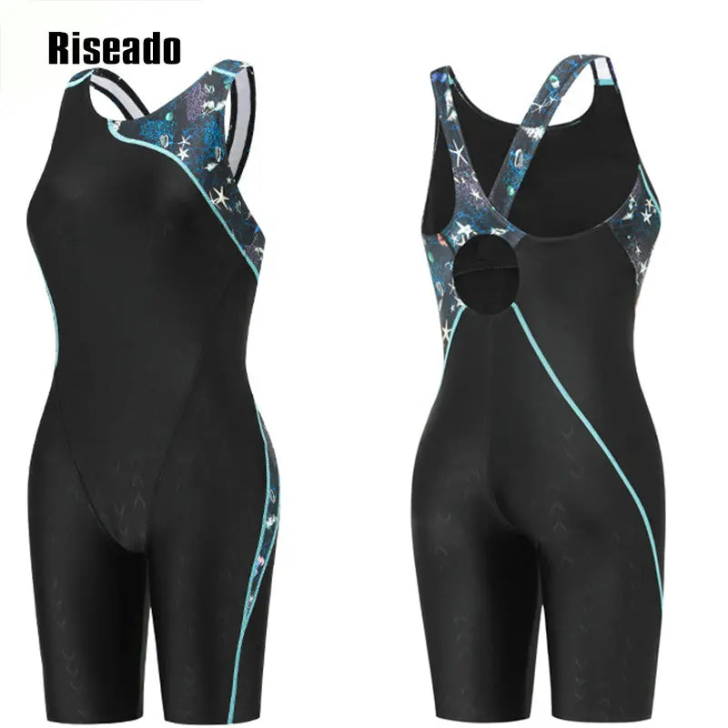 One Piece Swimwear Splice Leg suit Junior Knee skin Women' Competition Swimsuit, bathing Suit with Chlorine Resistant Fabric