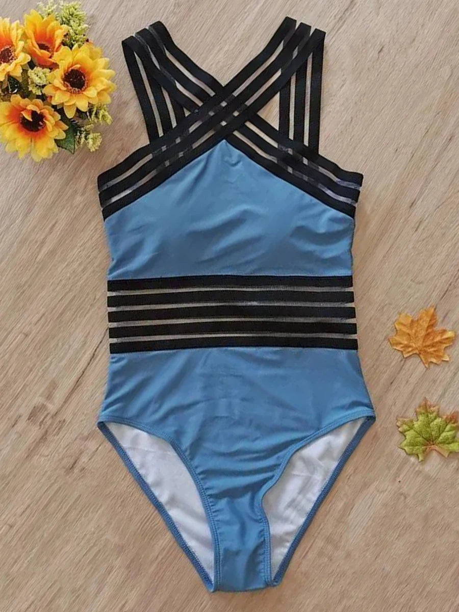 Solid Mesh Tape Swimsuit One Piece High Neck Swimwear Women Cross Front Bathing Suit Female Padded Beachwear Bodysuit