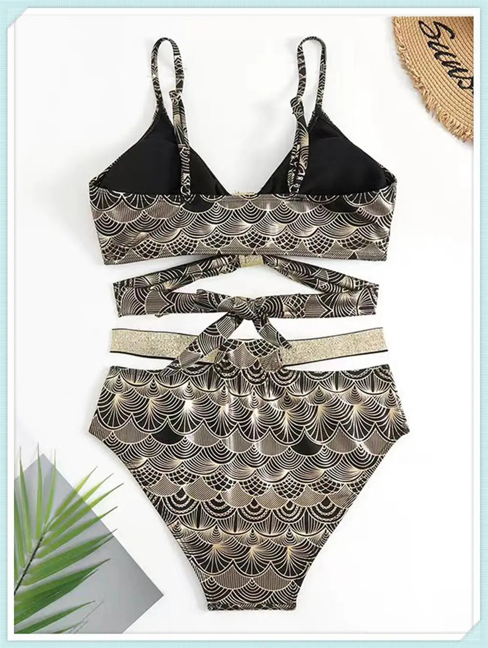 Metallic Stitch Strap Bikini Women Push Up Gold print Swimsuit Female High Waist Swimwear Bathers Bathing Suit Beachwear