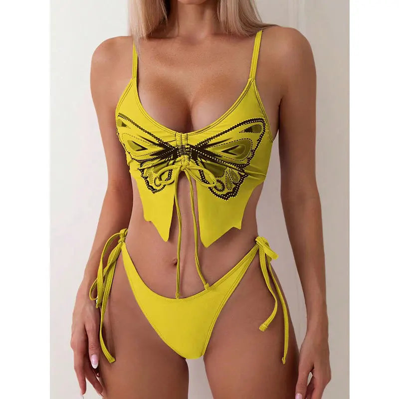 Butterfly Print Strapped Swimwear Women Tied High Cut Bikini Set Push Up Swimsuit Backless Summer Beach Bathing Suit Bathers