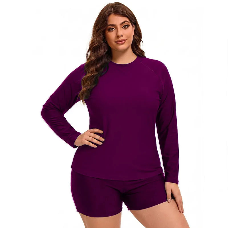 Women Plus Size Swimwear Long Sleeve Rash Guard Modest Two Piece Swimsuit UPF 50+ Rash Guard Beachwear Beach Bathing Suit
