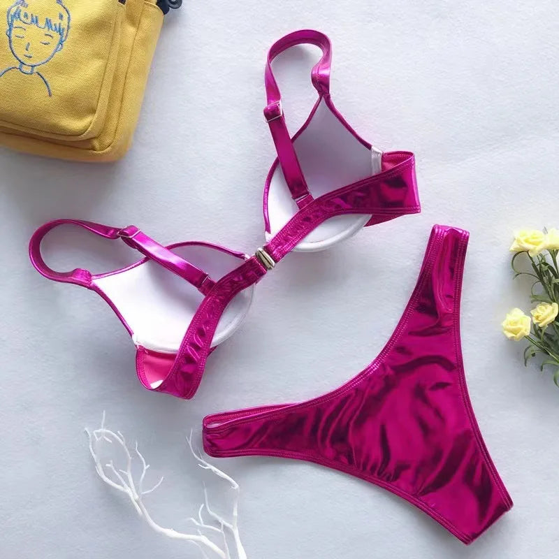 metallic push up micro bikinis sets padded bra bathing suit beach wear women sexy thong bikini reflective shinny swimsuits