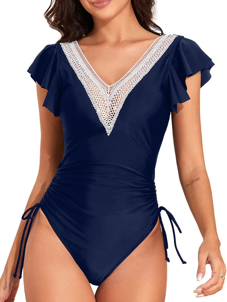Crochet Drawstring One Piece Swimsuit Women Ruffle Swimwear Female Solid Bathers Bathing Swimming Swim Suit Beachwear