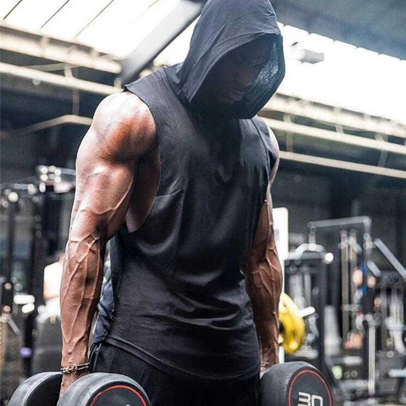 With Hat Gym T-shirt Man Sleeveless Sweatshirt Gym Clothing Men Bodybuilding Clothes Men's Singlet Fitness Vest Singlets Tops