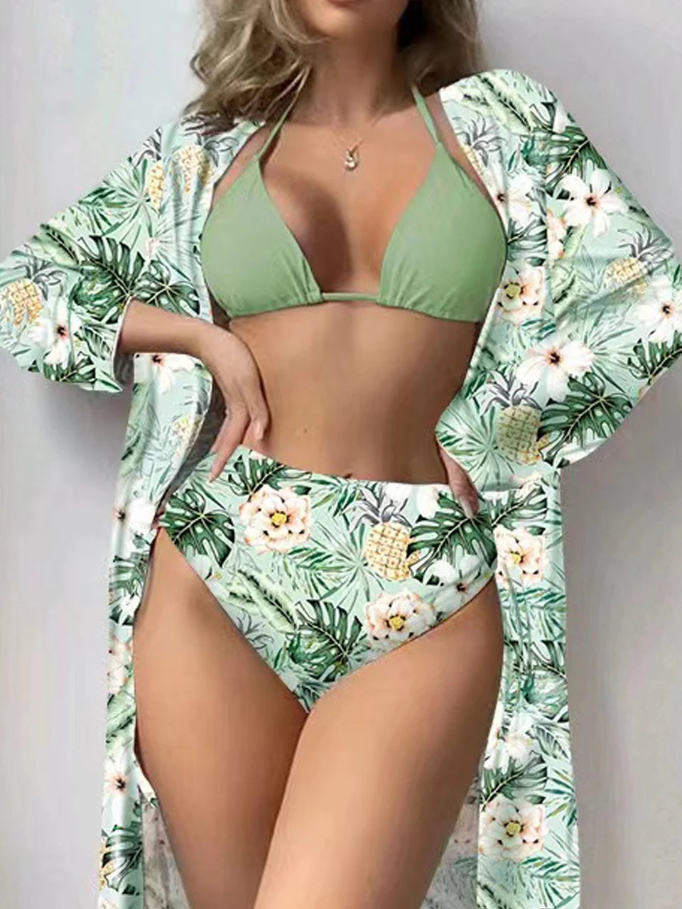 Lace Up Bikinis & Cover Up Long Sleeve Swimwear Women 3-Piece Print Swimsuit Summer Beach Bathing Suit Female Swimming Wear